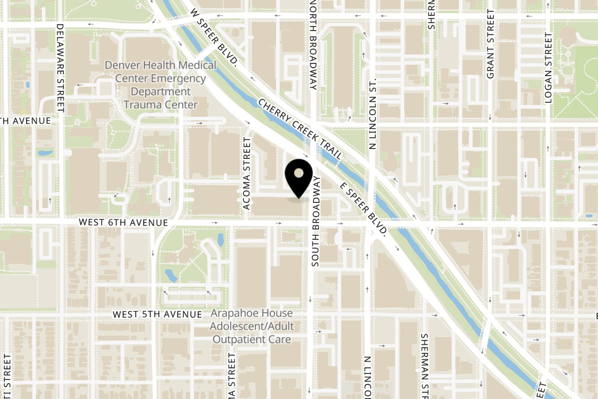 Map showing the location of Aloha Cones on 601 N Broadway #125 in Denver